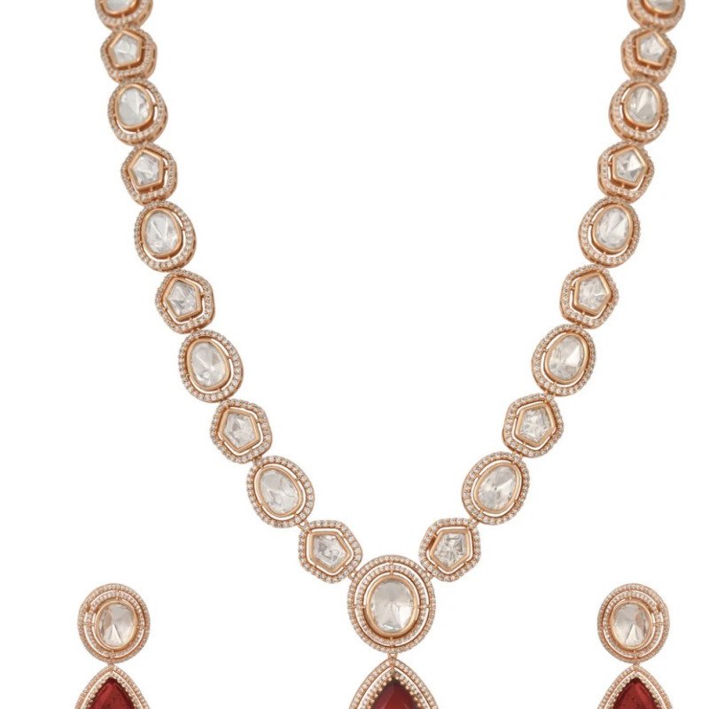 Gold Plated Green Emerald & Red Ruby Drop Kundan CZ Wedding Necklace Set With Earring