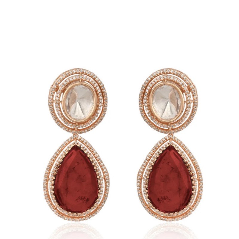 Gold Plated Green Emerald & Red Ruby Drop Kundan CZ Wedding Necklace Set With Earring