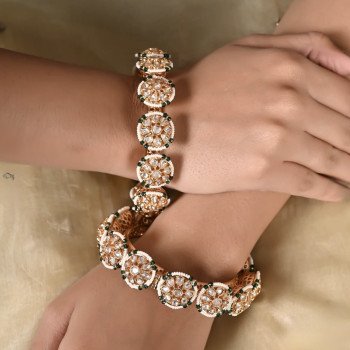 Kundan Diamond CZ Openable Floral Pearl Heavy Kada Bangles