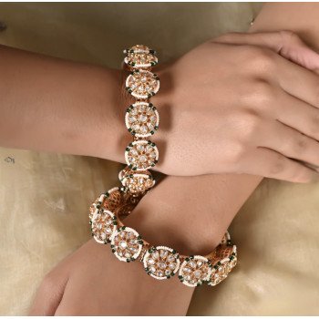 Kundan Diamond CZ Openable Floral Pearl Heavy Kada Bangles