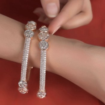 Rose Gold Silver Dual Plated White American Diamond CZ Baguette Fine Bangle