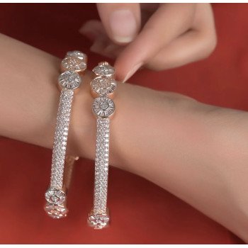 Rose Gold Silver Dual Plated White American Diamond CZ Baguette Fine Bangle