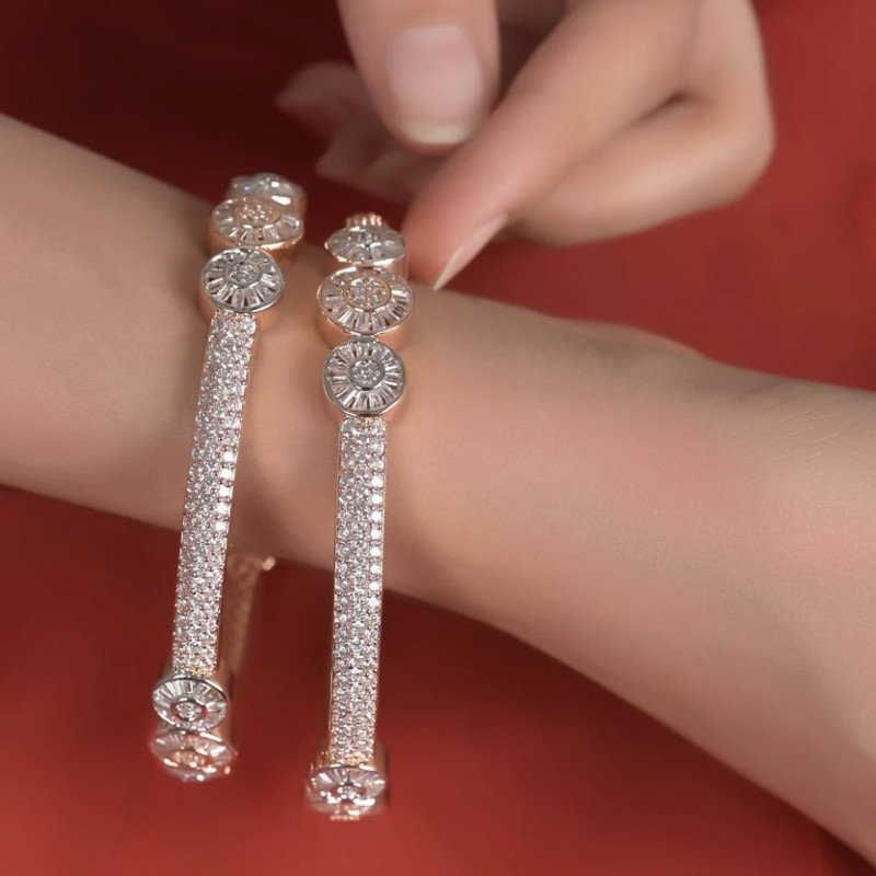 Rose Gold Silver Dual Plated White American Diamond CZ Baguette Fine Bangle