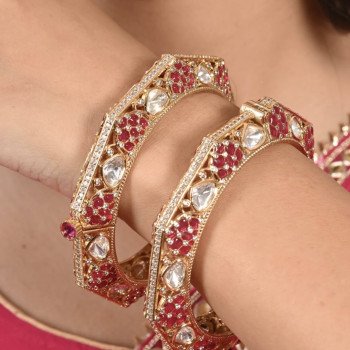 Kundan Diamond CZ Gold Finish pink Epoxy Openable Kada Bangles