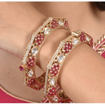 Kundan Diamond CZ Gold Finish pink Epoxy Openable Kada Bangles