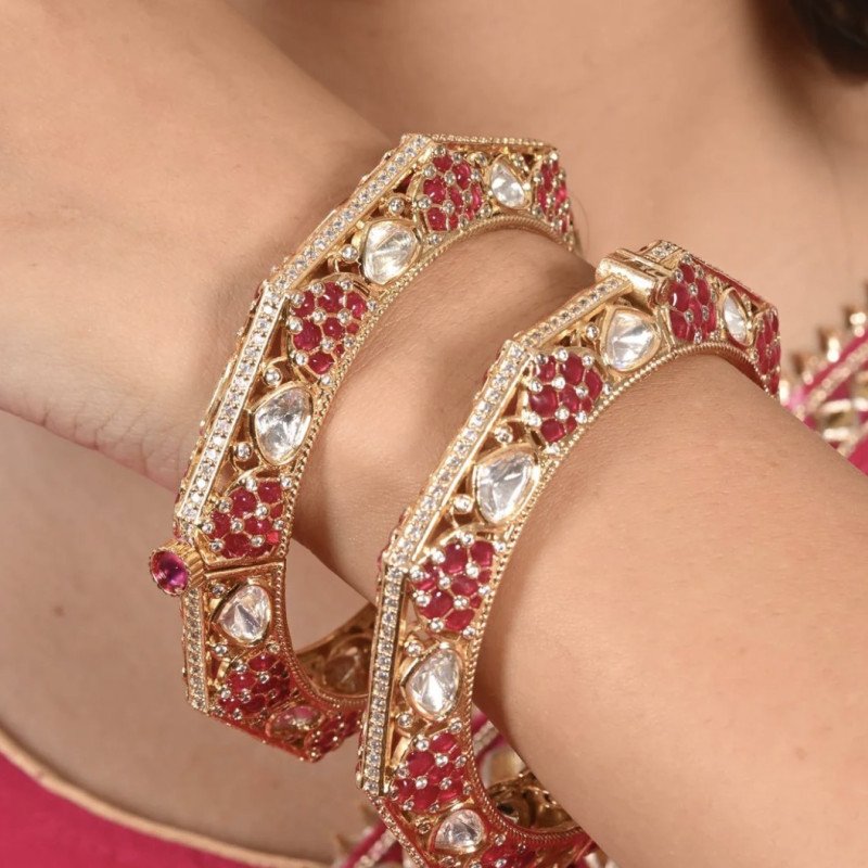 Kundan Diamond CZ Gold Finish pink Epoxy Openable Kada Bangles