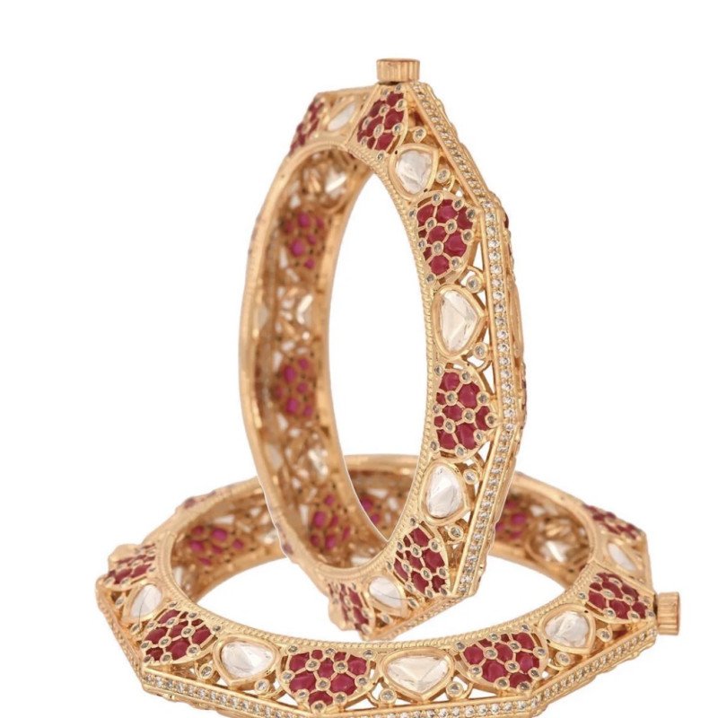 Kundan Diamond CZ Gold Finish pink Epoxy Openable Kada Bangles