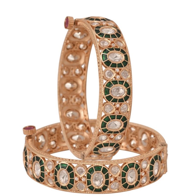 Kundan Diamond CZ Green Meena Openable Kada Bangles