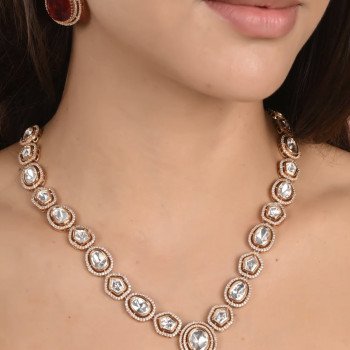 Gold Plated Green Emerald & Red Ruby Drop Kundan CZ Wedding Necklace Set With Earring