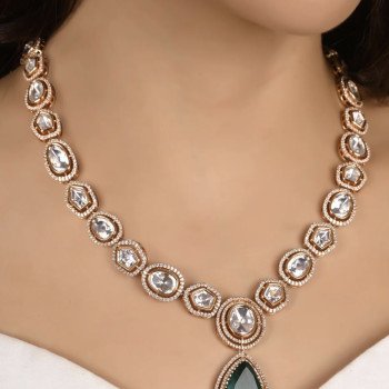 Gold Plated Green Emerald & Red Ruby Drop Kundan CZ Wedding Necklace Set With Earring