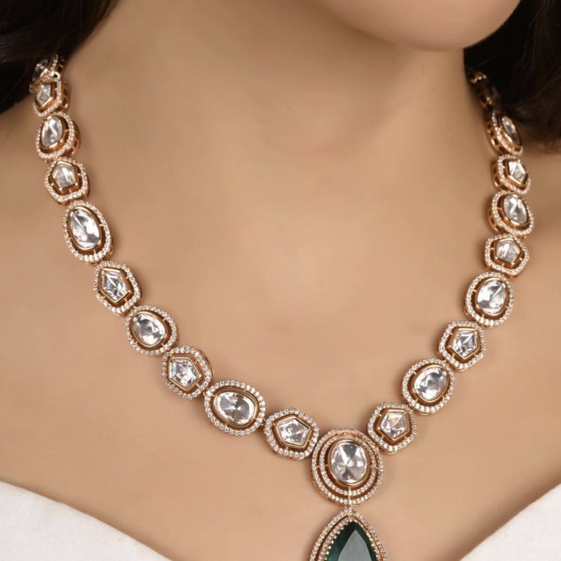 Gold Plated Green Emerald & Red Ruby Drop Kundan CZ Wedding Necklace Set With Earring