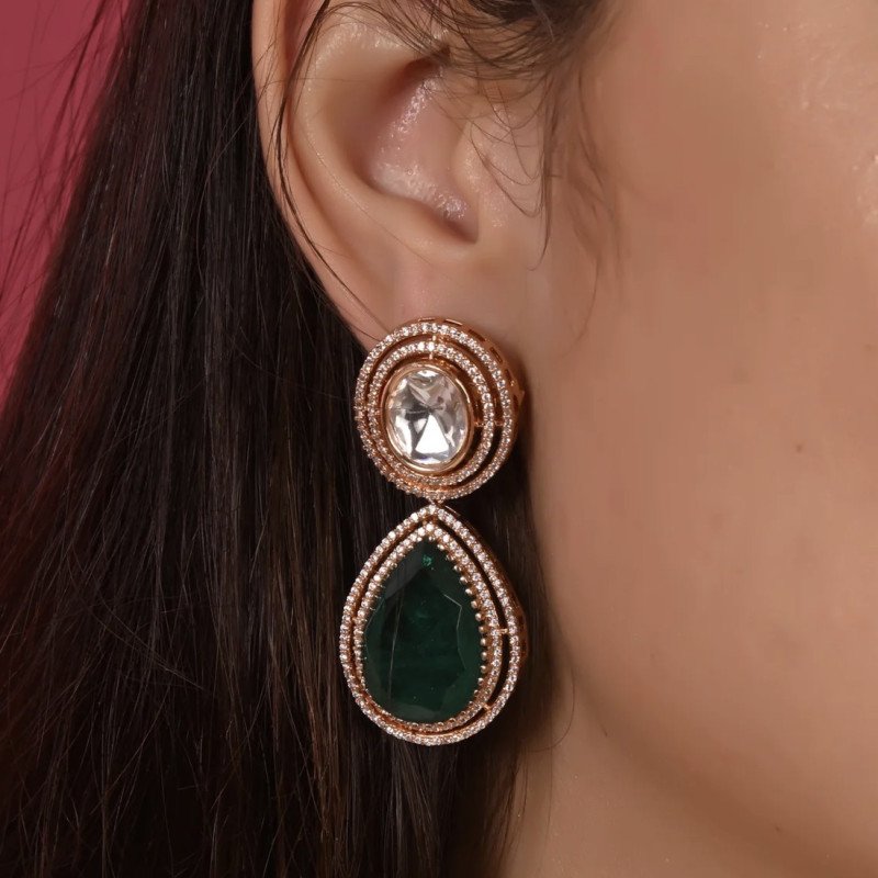 Gold Plated Green Emerald & Red Ruby Drop Kundan CZ Wedding Necklace Set With Earring