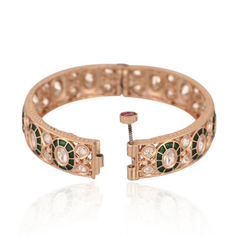 Kundan Diamond CZ Green Meena Openable Kada Bangles