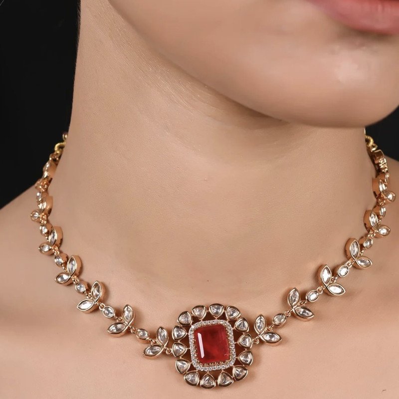 Valeria Statement Kundan Red Green Choker Necklace Set