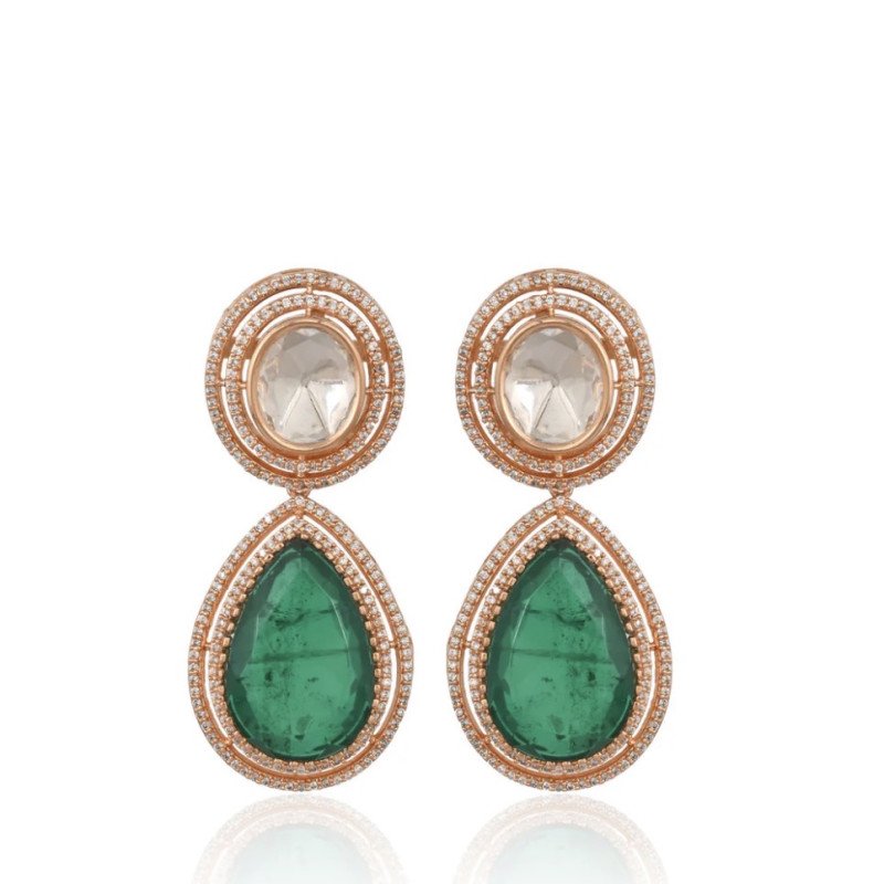 Gold Plated Green Emerald & Red Ruby Drop Kundan CZ Wedding Necklace Set With Earring