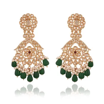 Stunning Real Kundan Chandbali Green Long Drop Earrings For Women
