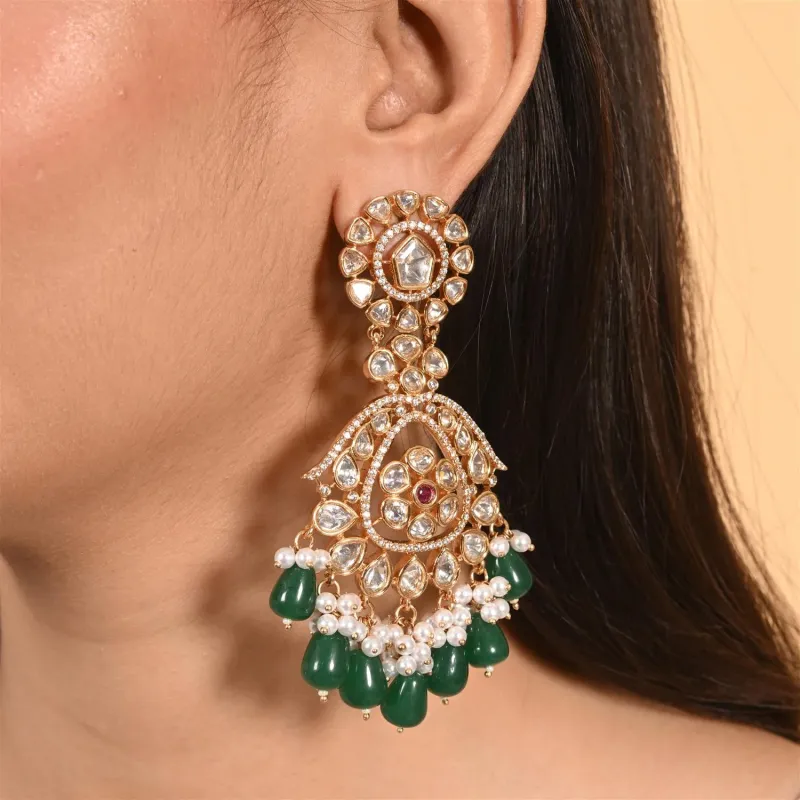 Stunning Real Kundan Chandbali Green Long Drop Earrings For Women