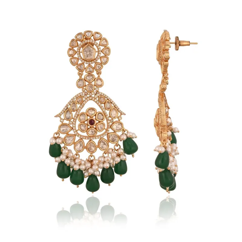 Stunning Real Kundan Chandbali Green Long Drop Earrings For Women