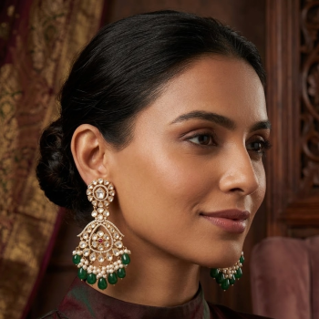 Stunning Real Kundan Chandbali Green Long Drop Earrings For Women
